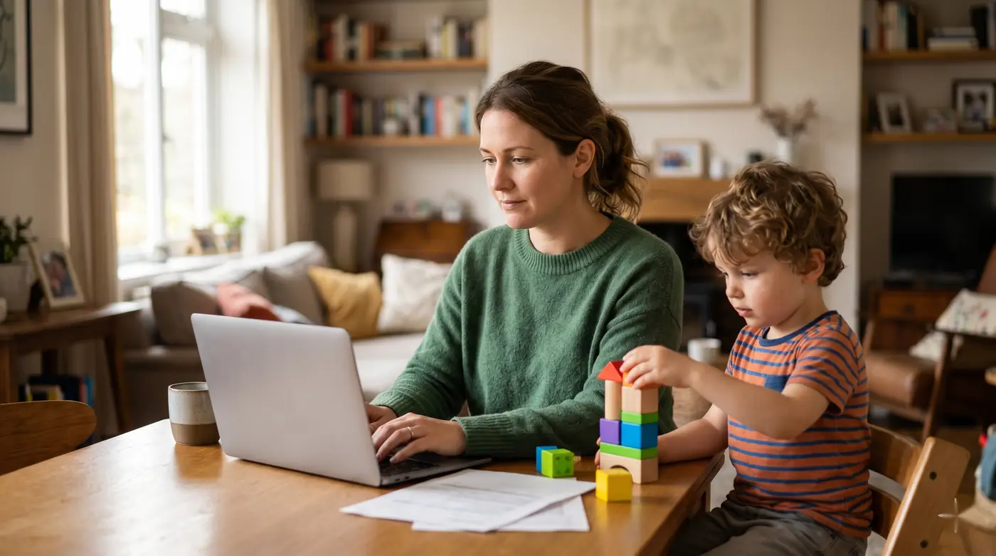 Madre teletrabajando con reducción de jornada mientras su hijo pequeño juega al lado