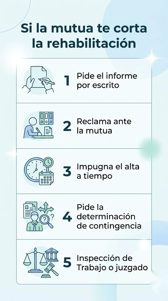 Infografía con los pasos para reclamar si la mutua corta la rehabilitación tras un accidente laboral