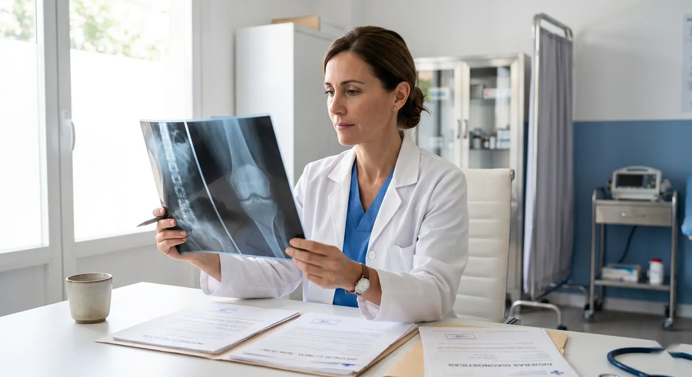 Médica revisando una radiografía en una evaluación de incapacidad permanente