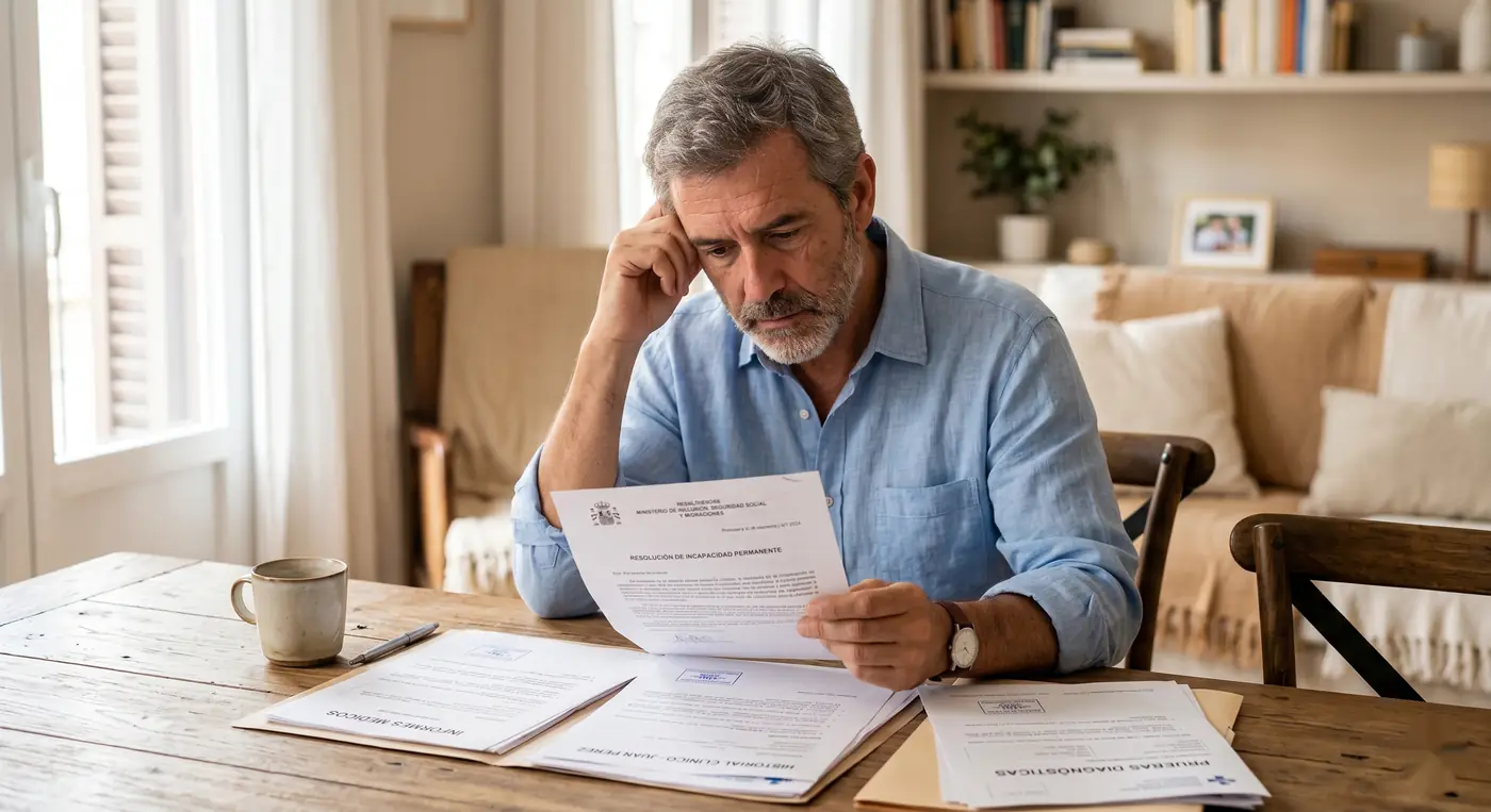 Hombre revisando la resolución de su incapacidad permanente en casa