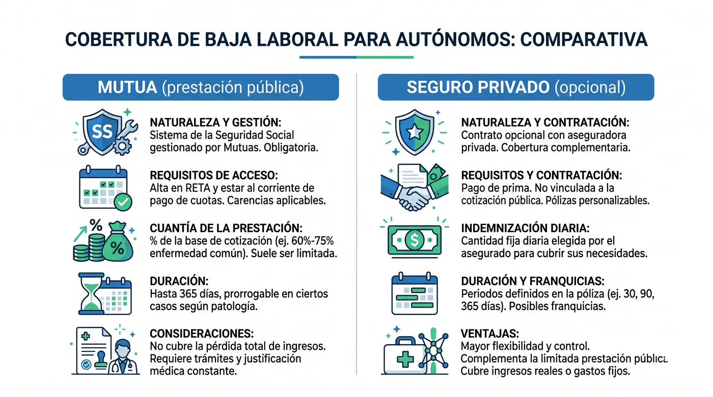 Infografía comparando la prestación pública de baja del autónomo por la mutua y el seguro privado de incapacidad temporal