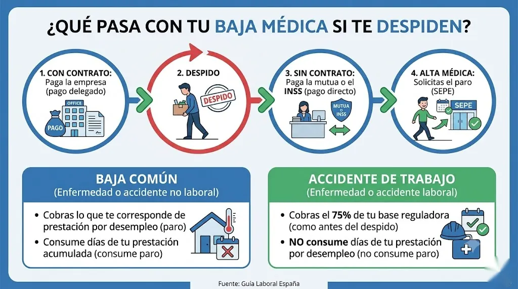 Infografía del pago de la baja antes y después del despido: pago delegado, pago directo y paro