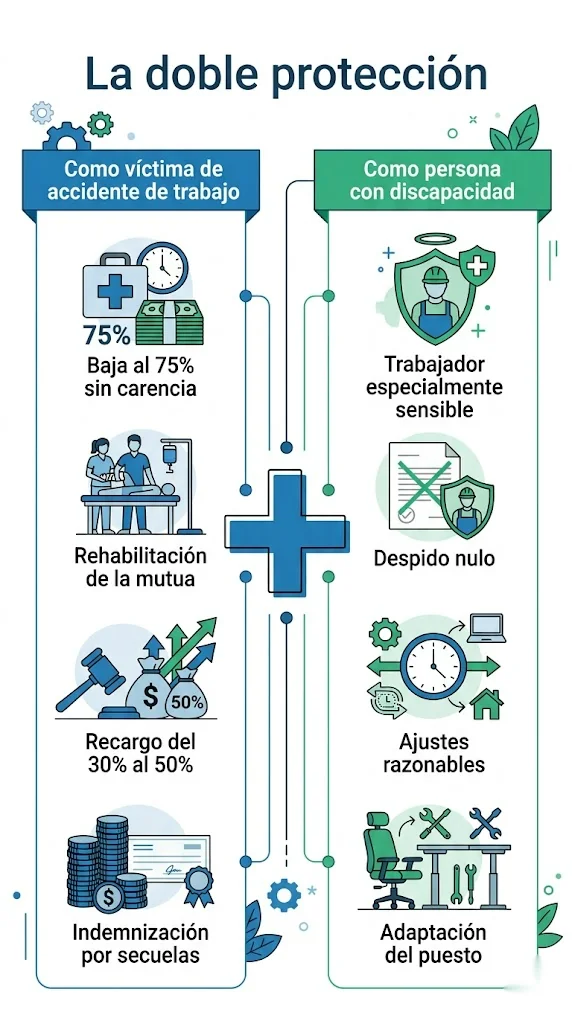 Infografía de la doble protección: derechos como víctima de accidente de trabajo y como persona con discapacidad