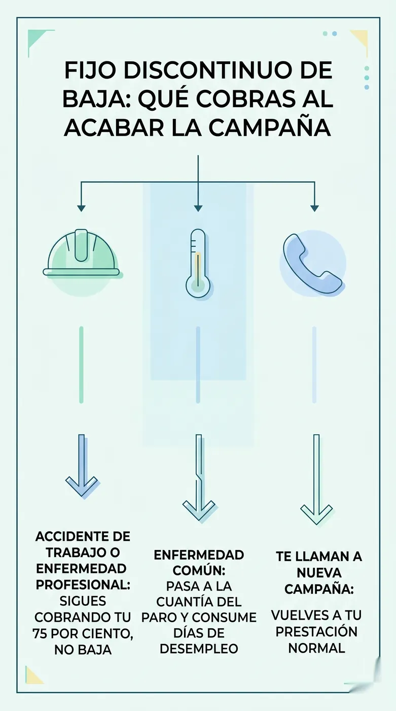 Infografía con el árbol de decisión de qué cobra un fijo discontinuo de baja al acabar la campaña según sea enfermedad común o accidente de trabajo