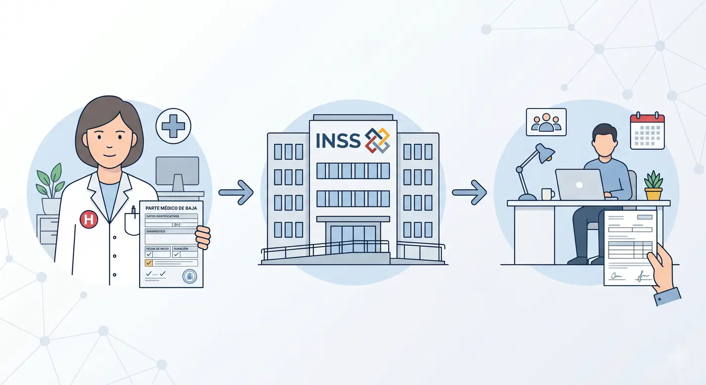 Circuito de la baja médica: el médico emite el parte, el INSS lo comunica y la empresa lo recibe