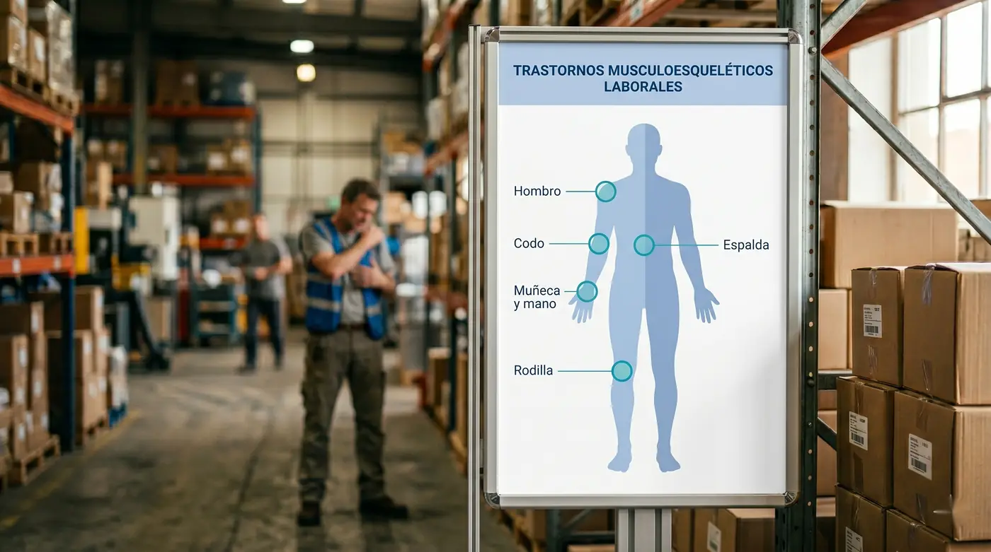 Infografía de trastornos musculoesqueléticos por zona del cuerpo: hombro, codo, muñeca y mano, rodilla y espalda