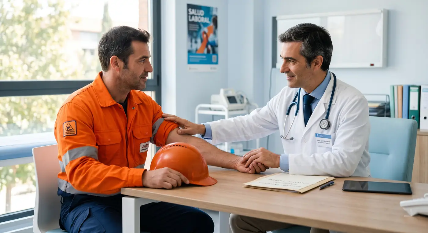 Médico del trabajo realizando la vigilancia de la salud a un trabajador de un puesto de riesgo