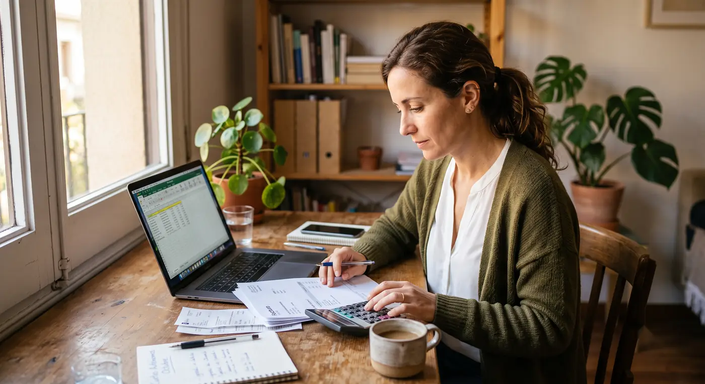 Autónoma calculando sus cuotas con facturas y calculadora en su estudio