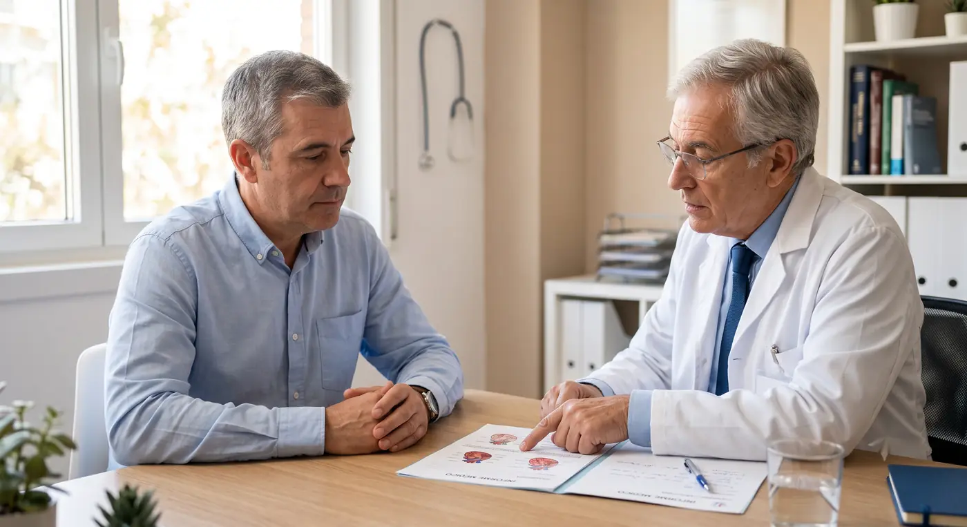 Hombre de unos 55 años en una consulta de cardiología revisando su informe médico con el especialista tras un infarto