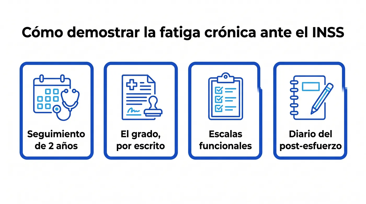 Infografía con las cuatro pruebas clave para demostrar la fatiga crónica ante el INSS: seguimiento especializado de dos años, el grado de gravedad por escrito, escalas funcionales y diario del malestar post-esfuerzo