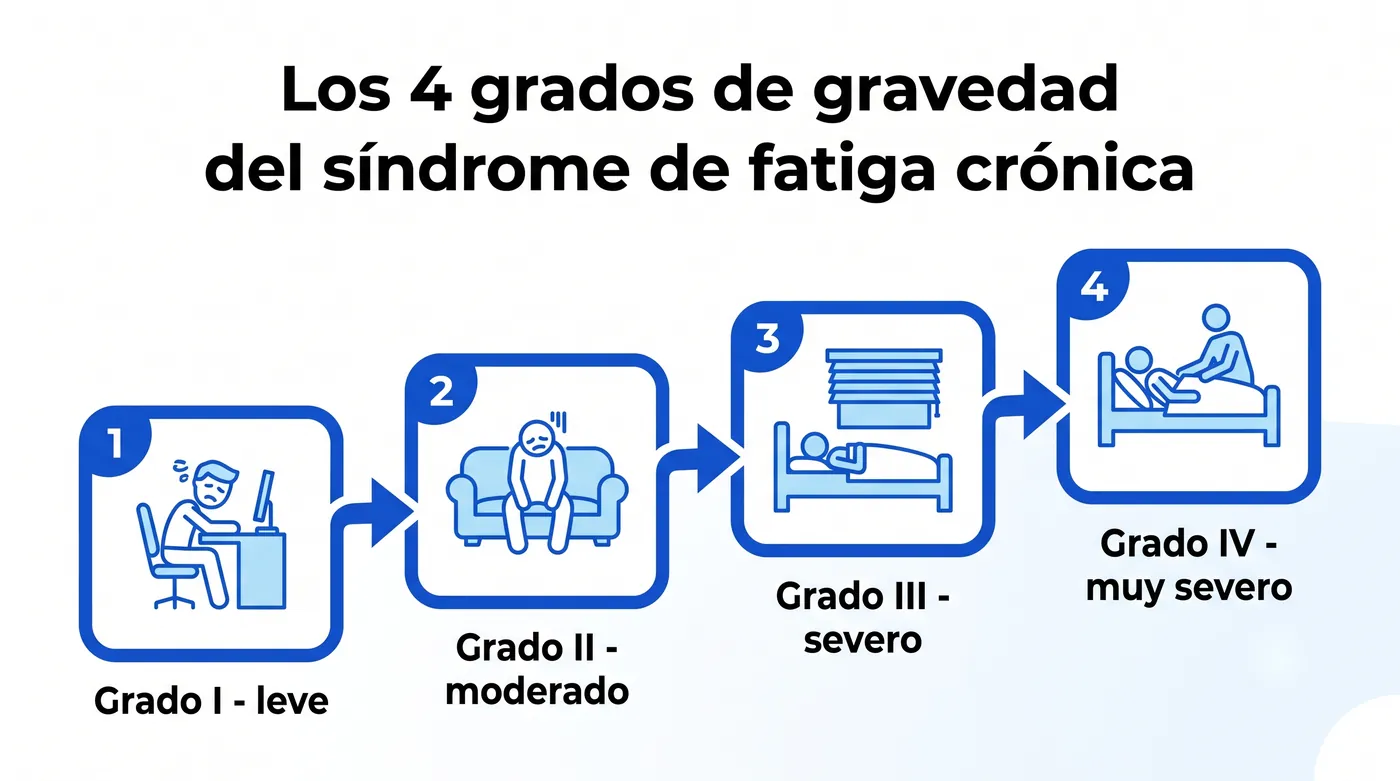 Infografía con los cuatro grados de gravedad del síndrome de fatiga crónica: grado I leve, grado II moderado, grado III severo y grado IV muy severo con necesidad de ayuda de otra persona