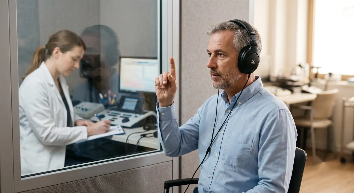 Hombre de unos 55 años realizándose una audiometría con auriculares en una cabina insonorizada, levantando la mano al oír un pitido mientras una audióloga toma notas, para valorar su hipoacusia de cara a la incapacidad permanente