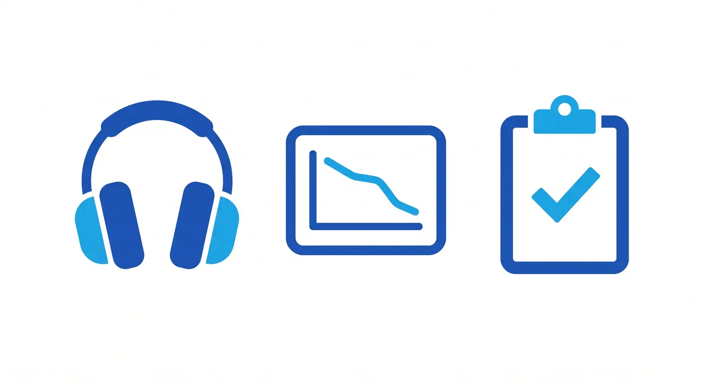 Infografía de las pruebas que refuerzan la incapacidad por sordera: auriculares de audiometría, tarjeta con curva de audiograma descendente y portapapeles con marca de verificación