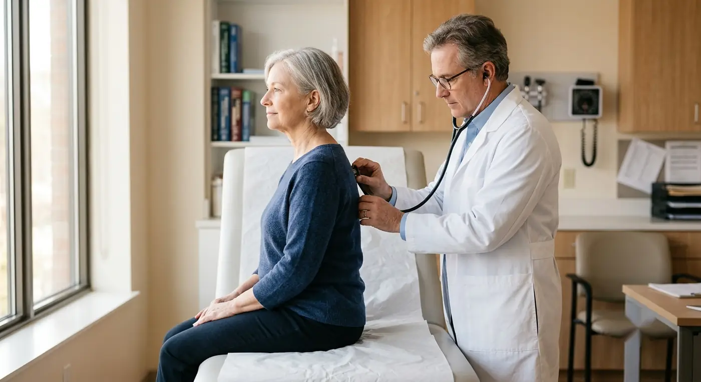 Médico ausculta con un fonendoscopio a una mujer de unos 60 años con insuficiencia cardíaca en la consulta