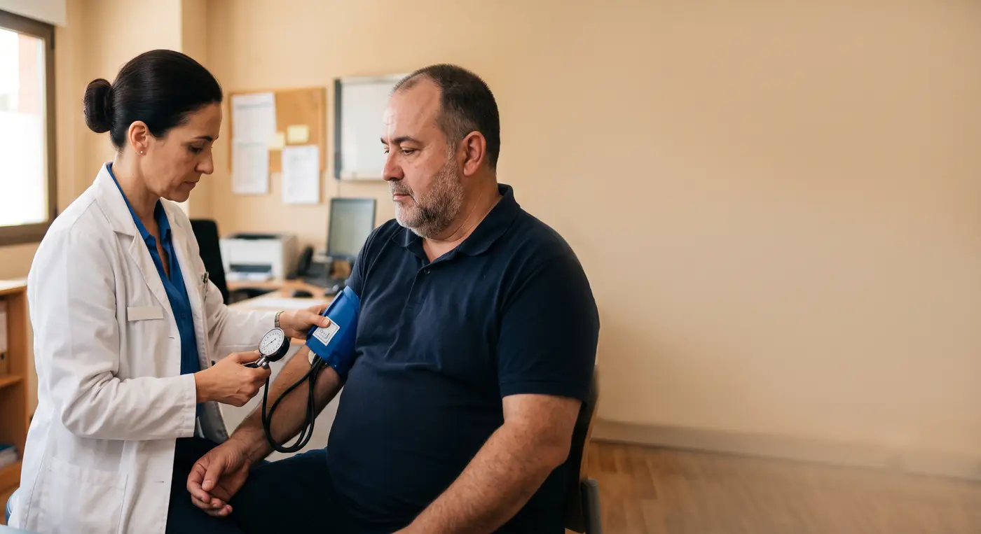Hombre de mediana edad con obesidad mórbida en la consulta mientras la médica le toma la tensión arterial