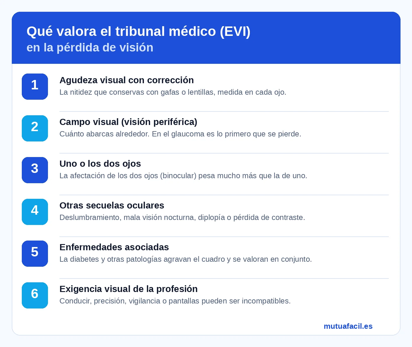 Infografía: qué valora el tribunal médico (EVI) en la pérdida de visión — agudeza visual con corrección, campo visual, afectación de uno o los dos ojos, otras secuelas oculares, enfermedades asociadas y exigencia visual de la profesión