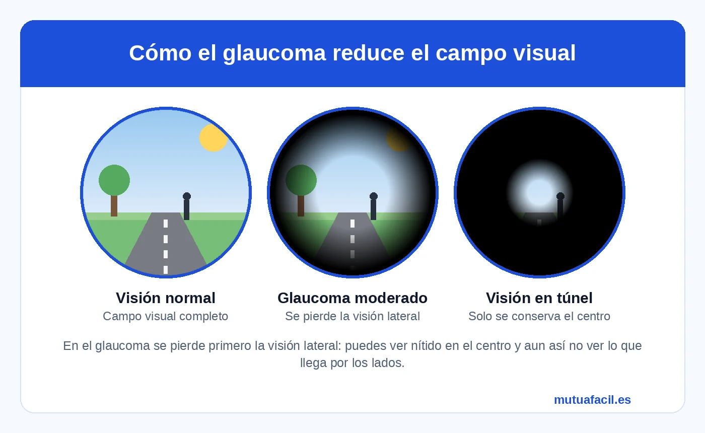 Infografía: cómo el glaucoma reduce el campo visual — de la visión normal a la pérdida progresiva de la visión periférica y la visión en túnel, conservando al principio la visión central