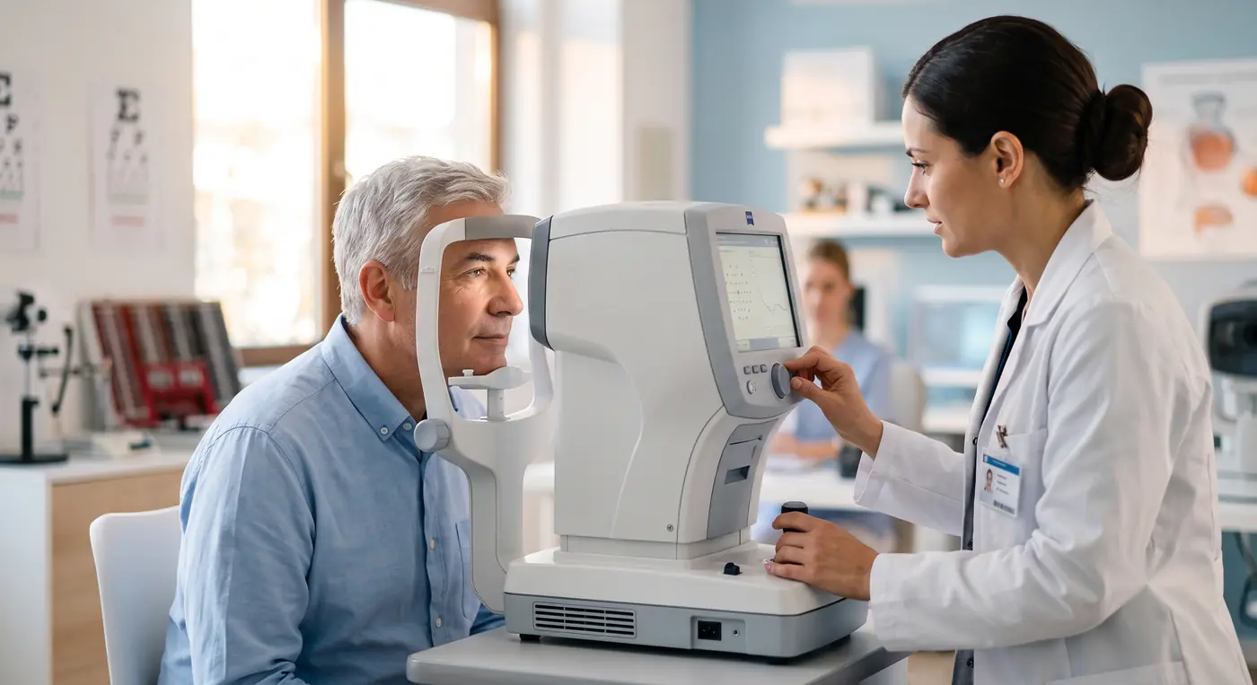 Hombre de unos 55 años realizándose una prueba de la vista con una oftalmóloga en la consulta, para valorar su pérdida de visión de cara a la incapacidad permanente