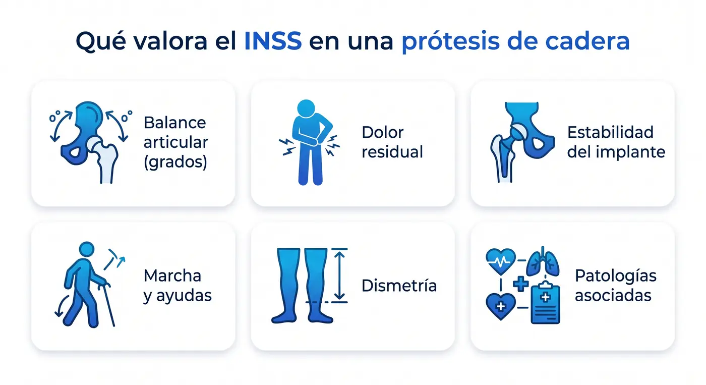 Infografía con los seis factores que valora el INSS en una prótesis de cadera: balance articular en grados, dolor residual, estabilidad del implante y luxaciones, marcha y ayudas técnicas, dismetría y patologías asociadas