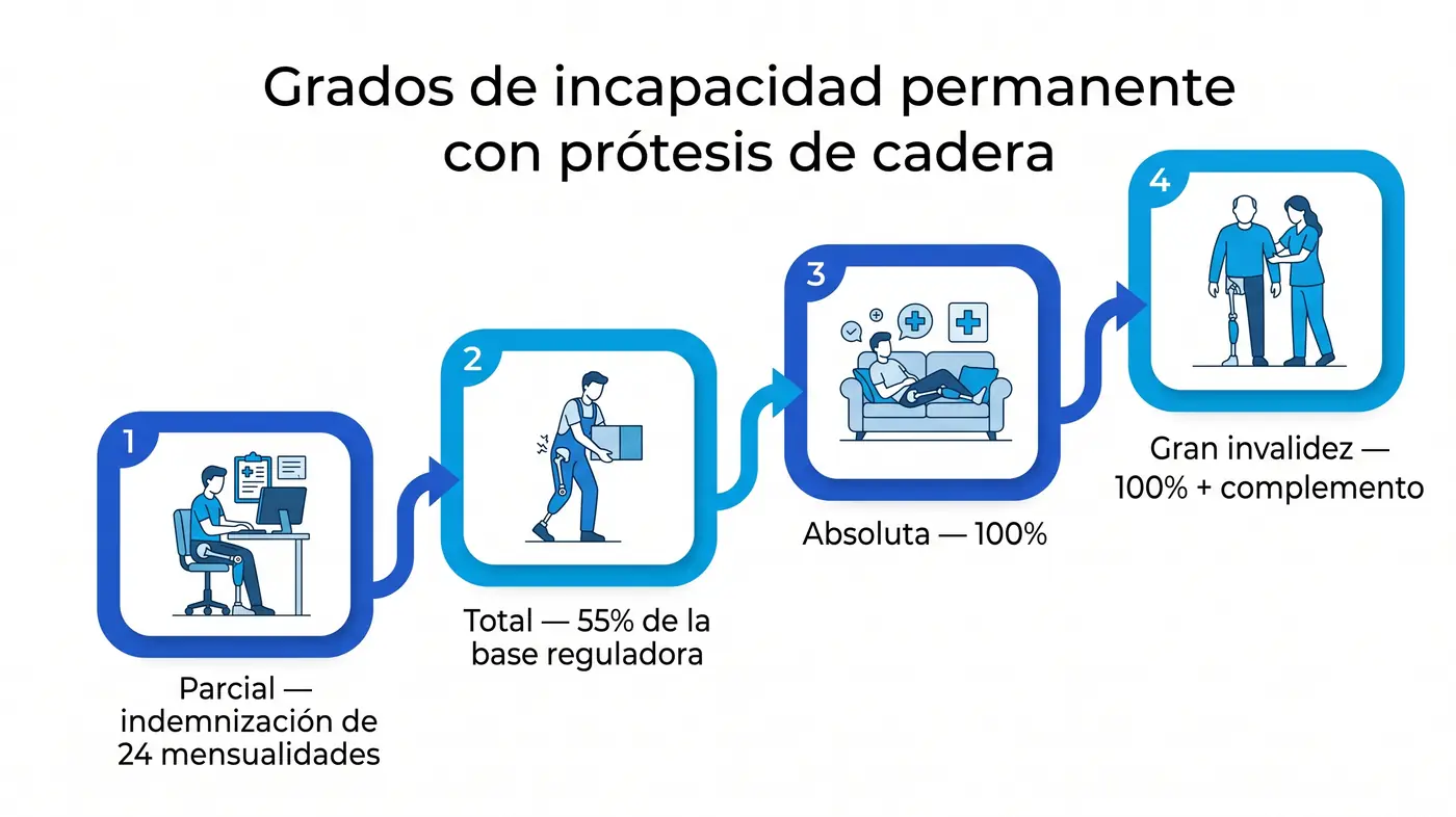 Infografía con los cuatro grados de incapacidad permanente aplicados a la prótesis de cadera: parcial, total, absoluta y gran invalidez, con el porcentaje de la base reguladora de cada uno