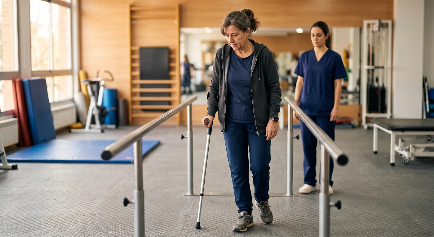 Mujer de unos 57 años reeducando la marcha entre barras paralelas con una muleta en un centro de rehabilitación, tras una operación de prótesis total de cadera
