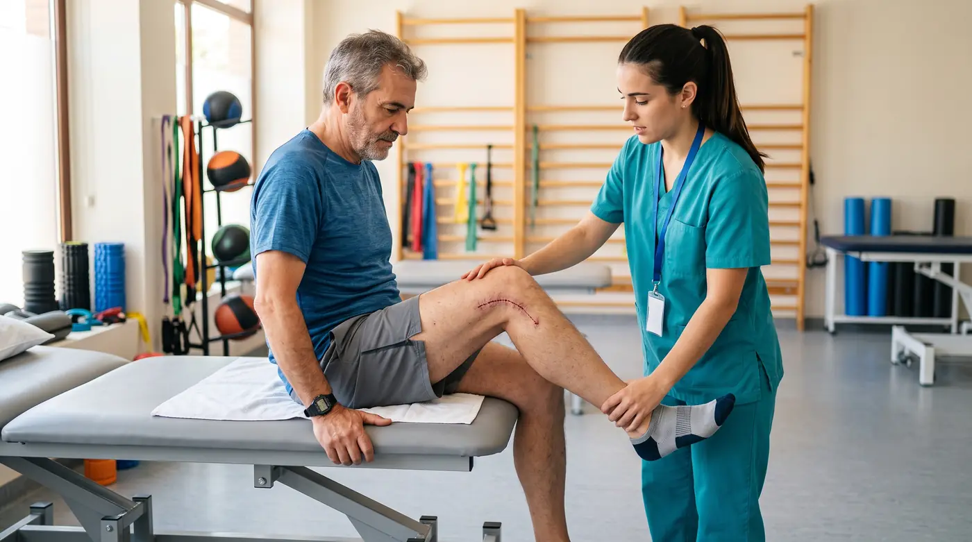Hombre de unos 58 años con una cicatriz reciente en la rodilla haciendo ejercicios de flexión en una camilla de rehabilitación, con una fisioterapeuta guiándole, tras una operación de prótesis total de rodilla