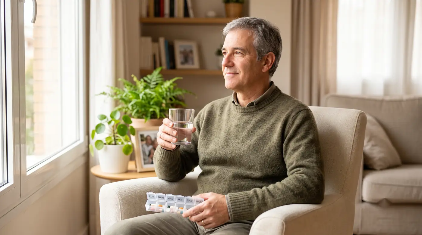 Hombre de unos 55 años trasplantado, sereno y esperanzado, junto a la ventana de su casa con un vaso de agua y su pastillero semanal con la medicación inmunosupresora
