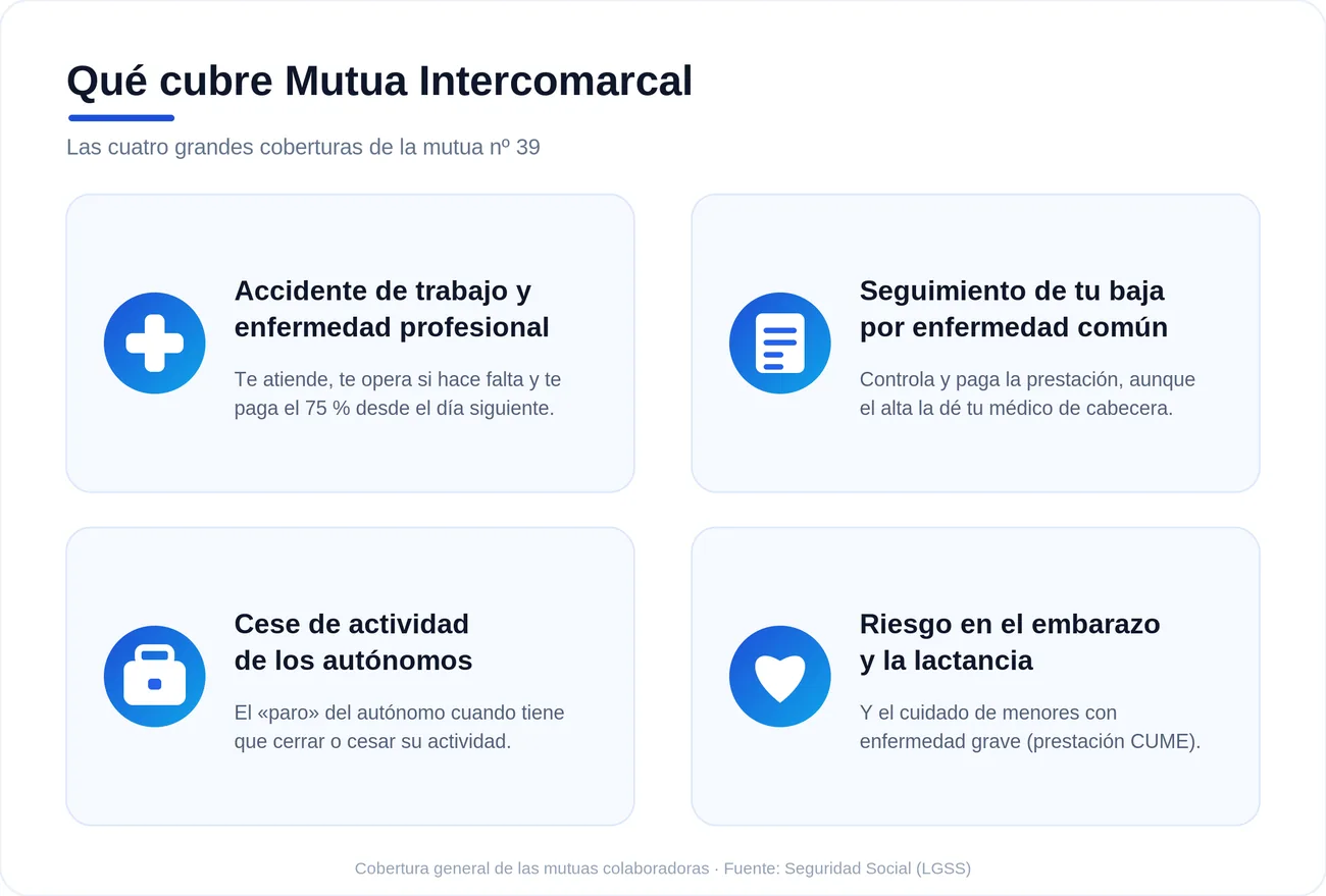 Infografía de lo que cubre Mutua Intercomarcal: accidente de trabajo, seguimiento de la baja común, cese de actividad de autónomos y riesgo durante el embarazo
