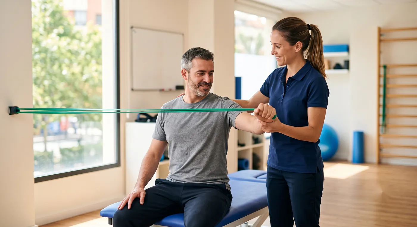 Fisioterapeuta de la mutua guiando a un trabajador en un ejercicio de rehabilitación con banda elástica tras un accidente laboral