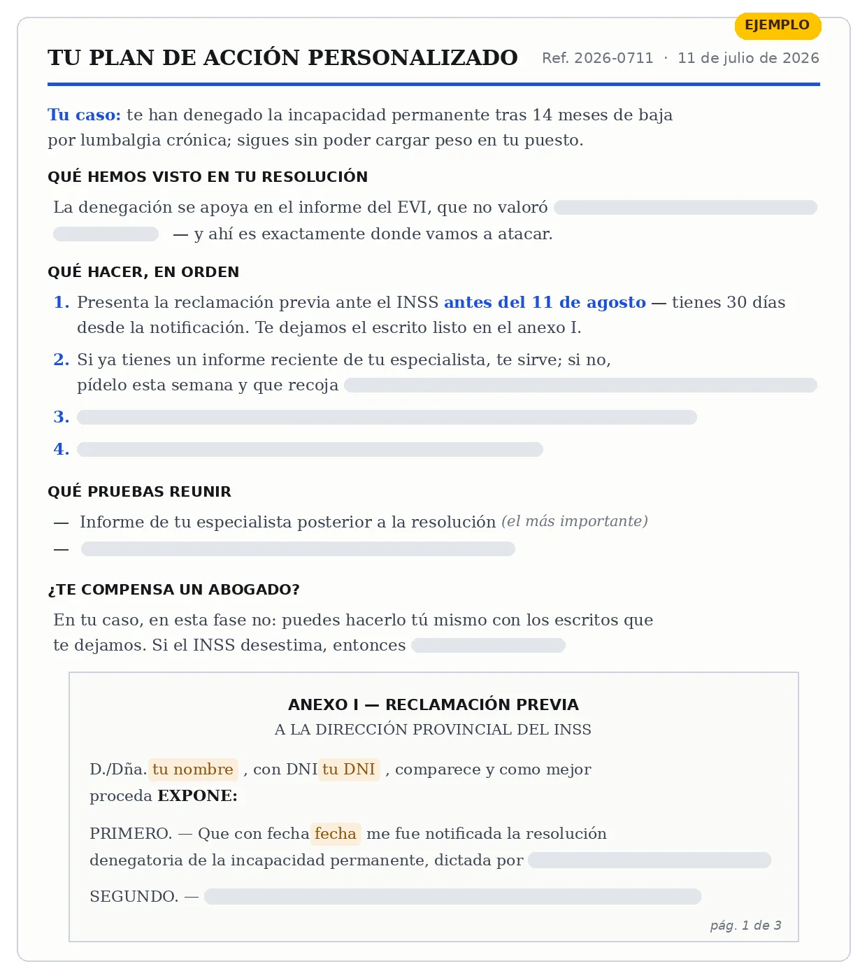 Ejemplo del plan de acción personalizado: análisis de la resolución, pasos con plazos, pruebas a reunir y reclamación previa al INSS anexa