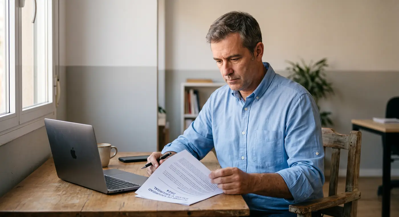 Trabajador de unos cuarenta y cinco años revisando en su oficina el escrito con el que va a pedir a la empresa la adaptación de su puesto de trabajo por motivos de salud