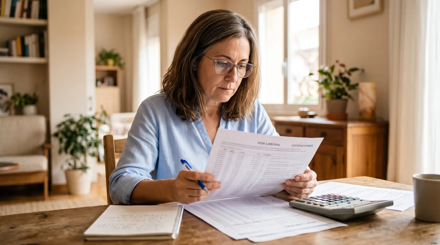 Mujer de unos cincuenta a&ntilde;os revisando en la mesa de su casa el informe de vida laboral con una calculadora para comprobar los d&iacute;as cotizados que le exige el INSS