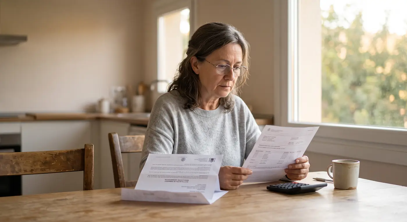 Mujer de unos 60 años revisando en casa el extracto bancario y la diligencia de embargo de su pensión