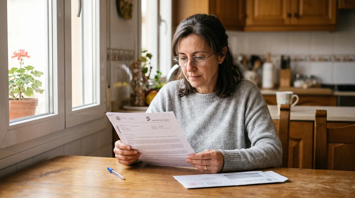 Mujer de mediana edad leyendo con atención la carta de resolución del INSS en la mesa de la cocina, con gafas y un bolígrafo, a la luz de la ventana