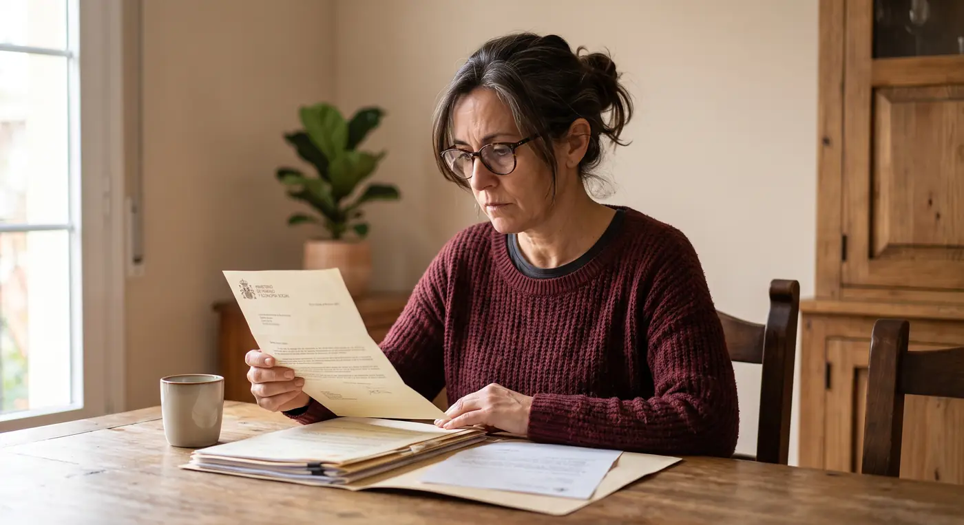 Mujer de unos cincuenta y cinco años leyendo en casa la segunda resolución del INSS que le deniega la incapacidad permanente, con la carpeta del expediente abierta sobre la mesa