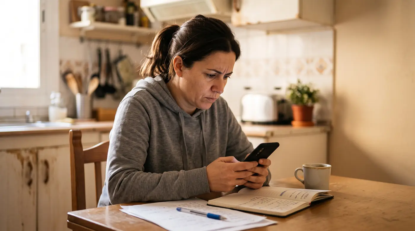 Mujer de unos 40 años en la cocina de su casa mirando en el móvil que le han suspendido el ingreso mínimo vital