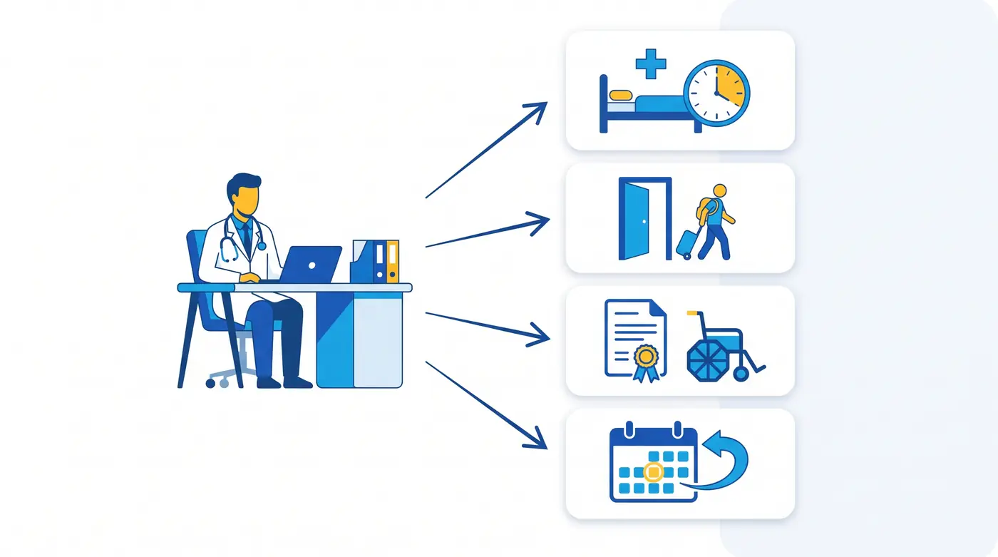 Infografía con los cuatro resultados posibles de la cita con la inspección médica del INSS: seguir de baja, alta médica, alta con propuesta de incapacidad permanente y prórroga de la baja