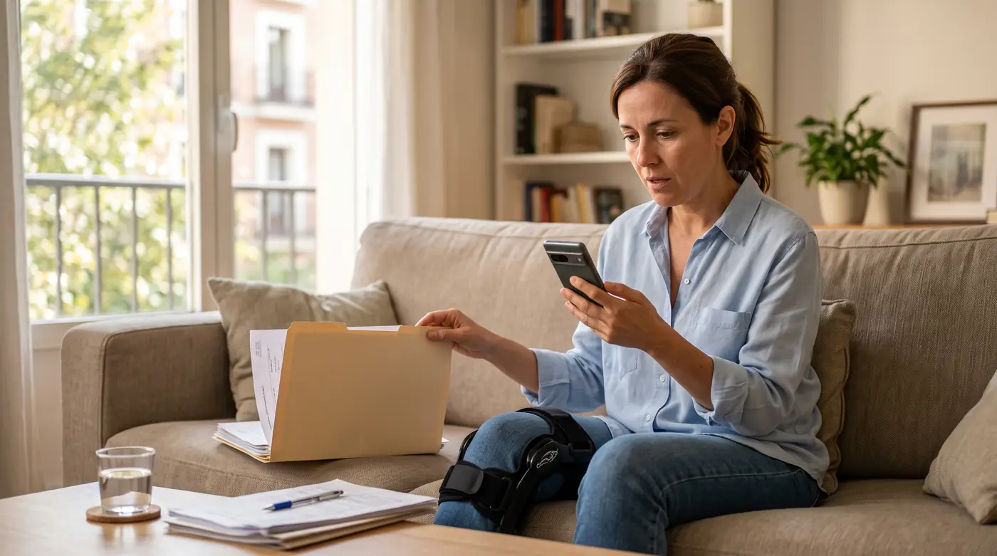 Mujer de unos cuarenta años con una rodillera ortopédica, sentada en el sofá de su casa, leyendo en el móvil el SMS del INSS que avisa de la citación de la inspección médica, con una carpeta de informes al lado