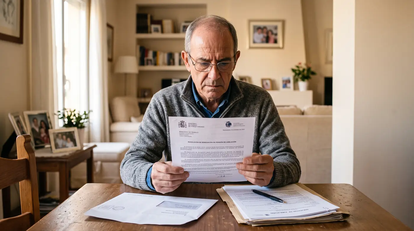 Hombre de unos 64 años leyendo en casa la resolución del INSS que le deniega la pensión de jubilación