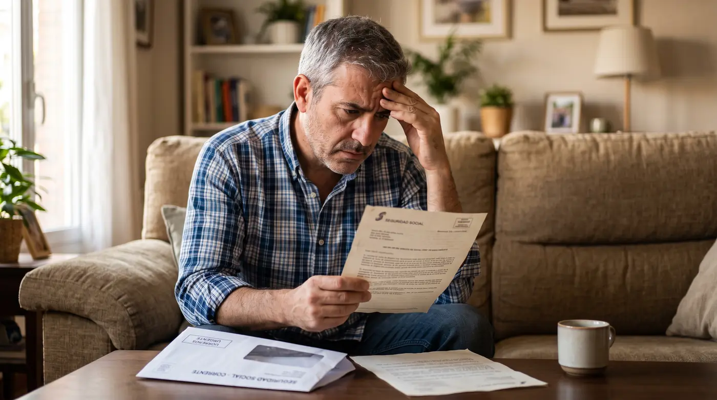 Hombre de unos 50 años sentado en el sofá de su casa releyendo la carta del INSS que le deniega la incapacidad permanente, con gesto de preocupación