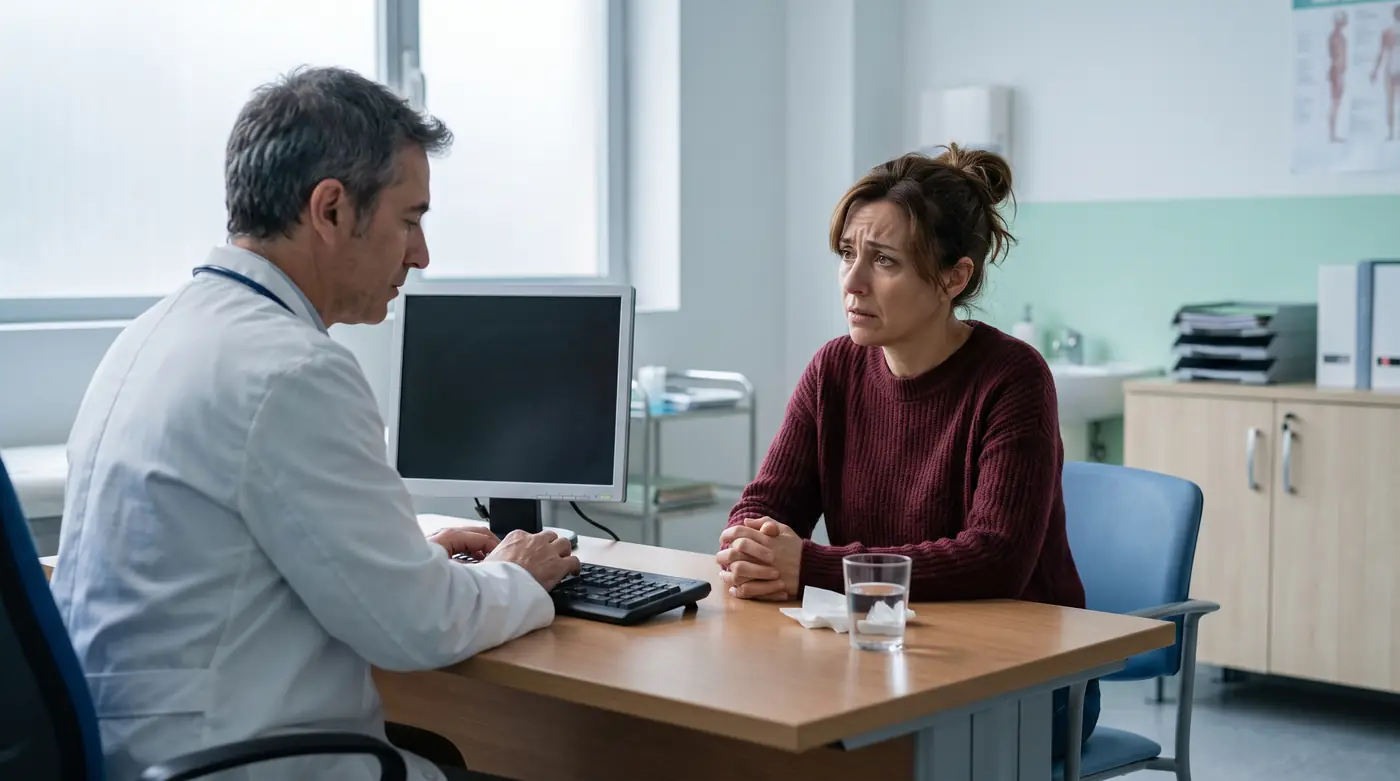 Mujer de unos 45 años en la consulta de su médico de cabecera pidiendo la baja médica