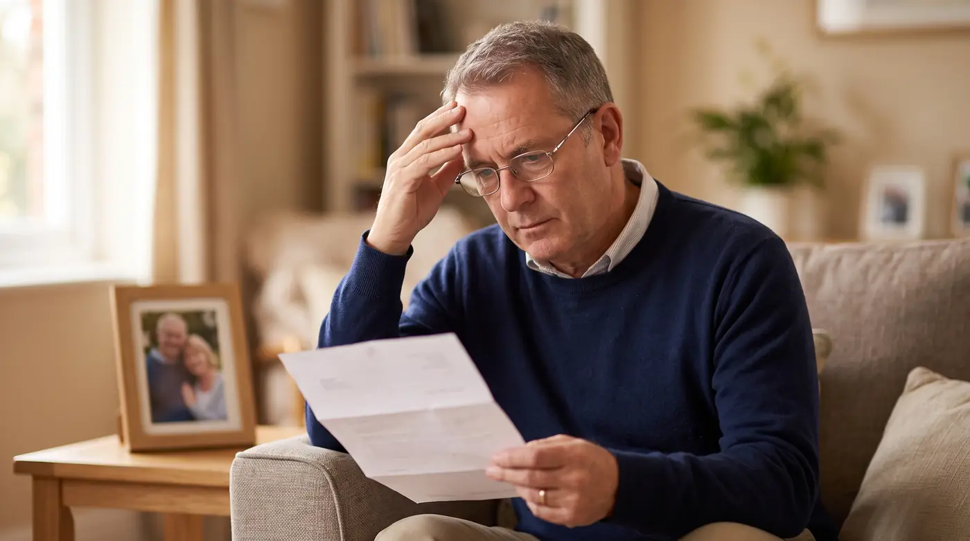Hombre de unos 60 años leyendo en el sofá la resolución del INSS que le deniega la pensión de viudedad