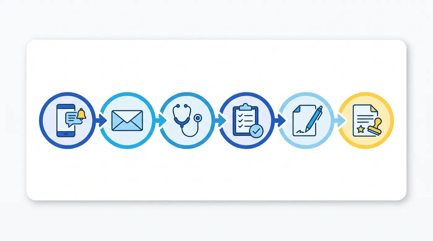 Infografía con las seis fases del expediente de incapacidad permanente abierto de oficio: SMS, carta de inicio, reconocimiento médico, dictamen del EVI, alegaciones y resolución