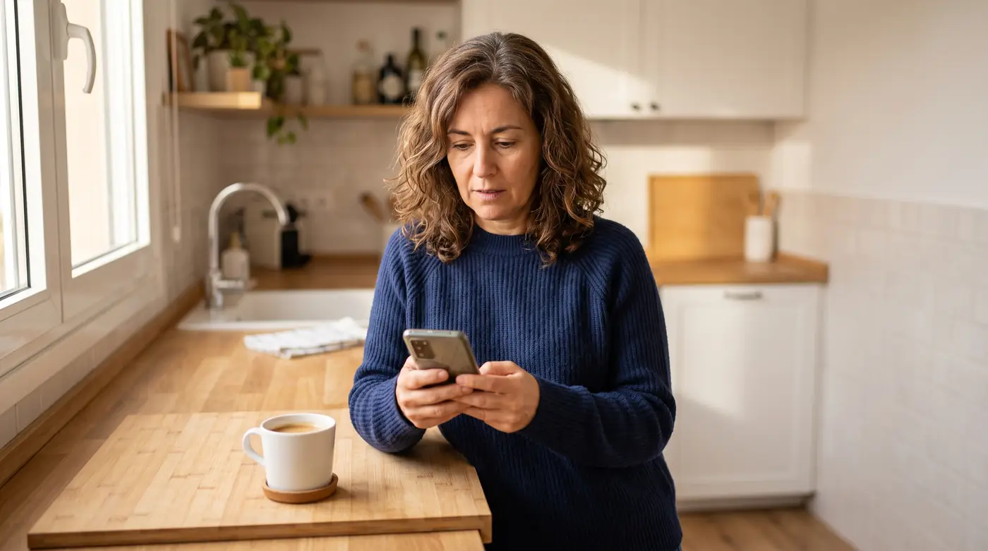 Mujer de unos 50 años en la cocina de su casa leyendo en el móvil el SMS del INSS que le comunica el inicio de un expediente de incapacidad permanente