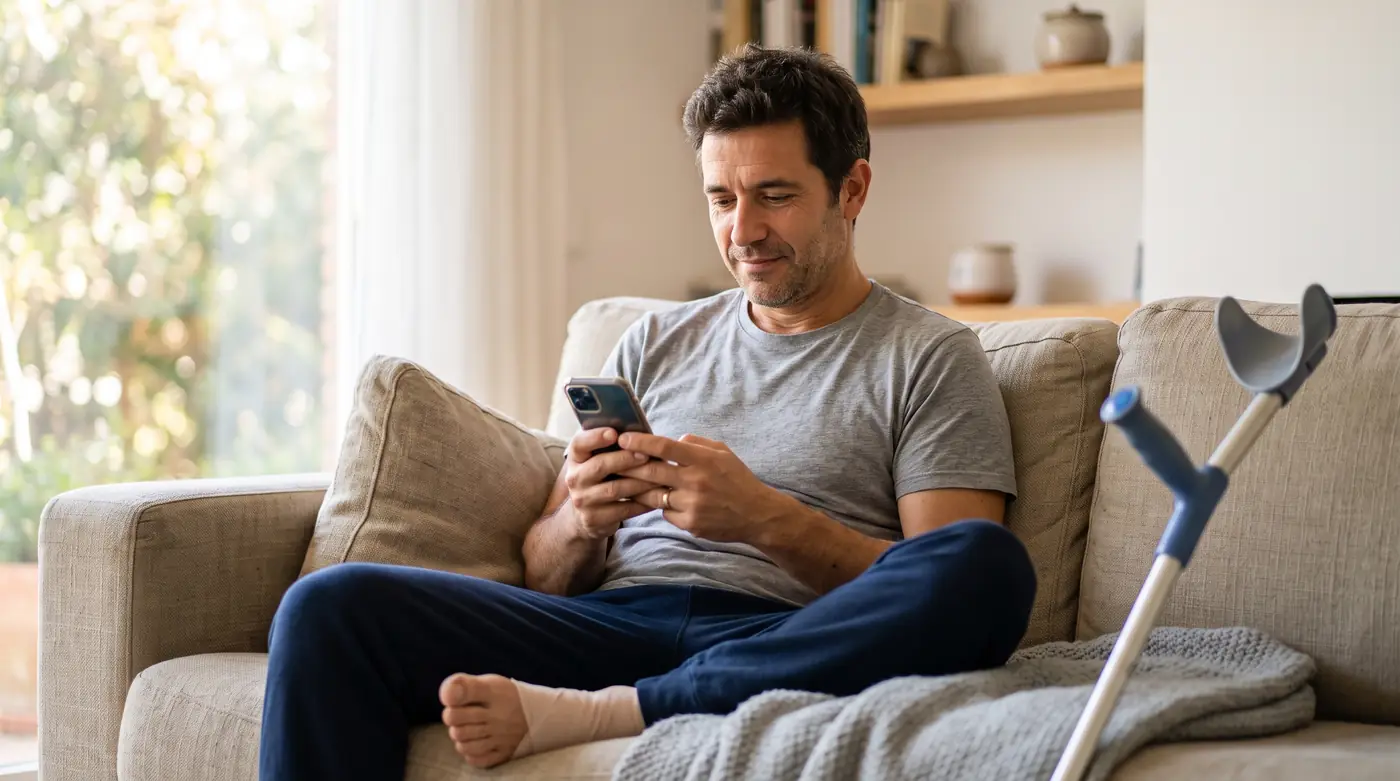 Hombre de mediana edad sentado en el sofá de su casa, con una muleta al lado, leyendo en el móvil el SMS del INSS que le comunica la prórroga de su baja