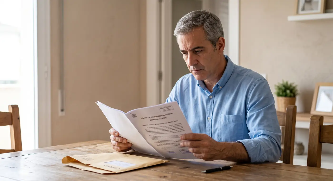 Hombre de unos 50 años leyendo en casa la sentencia del juzgado que le deniega la incapacidad permanente
