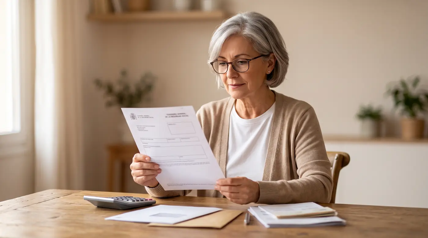 Mujer de unos 60 años en la mesa del comedor leyendo la carta del INSS que le reclama la devolución de una prestación, con una calculadora y varios sobres delante