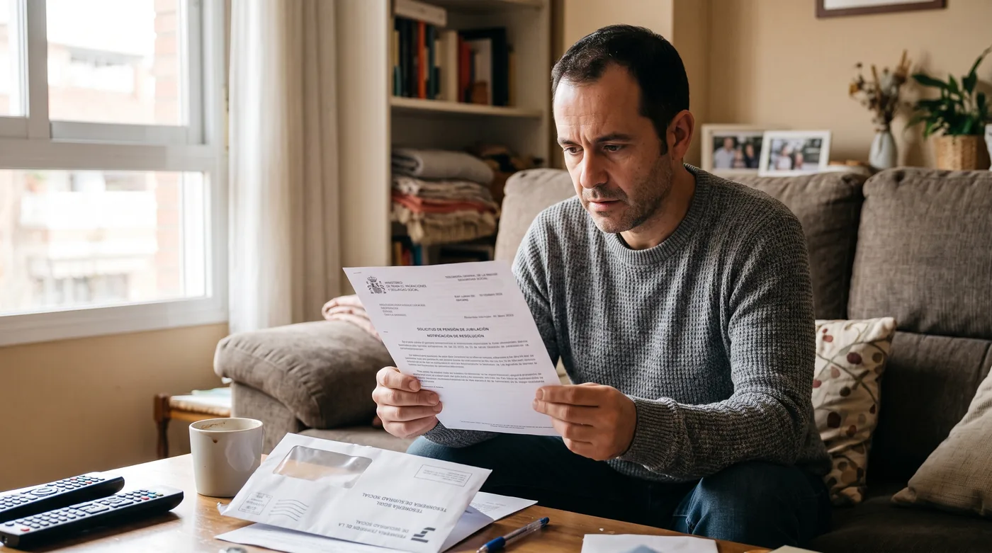 Hombre de unos cuarenta y cinco a&ntilde;os leyendo en el sal&oacute;n de su casa la carta del INSS que le comunica la suspensi&oacute;n de la prestaci&oacute;n por no acudir al reconocimiento m&eacute;dico