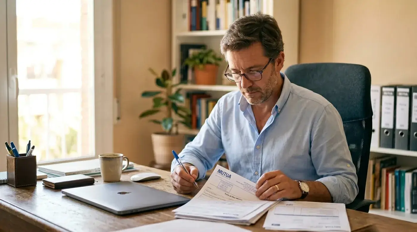 Hombre revisando dos nóminas en casa con una calculadora para comprobar la base de cotización de sus dos empleos.