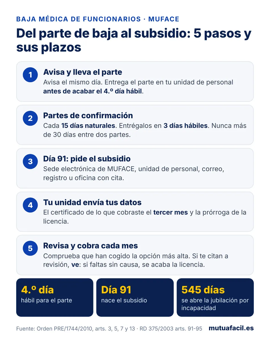 Infografía: cinco pasos de la baja de un funcionario de MUFACE, del parte de baja al subsidio: parte antes del cuarto día hábil, confirmaciones cada 15 días, subsidio desde el día 91, certificado del tercer mes y revisión mensual